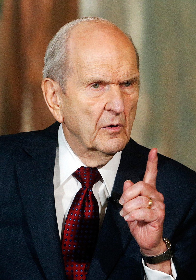 This Jan. 16, 2018, file photo, shows President Russell M. Nelson speaking at a news conference, in Salt Lake City. The president of the Mormon church is asking people to refrain from using "Mormon" or "LDS" as a substitute for the full name of the religion: The Church of Jesus Christ of Latter-day Saints, Thursday, Aug. 16, 2018. (AP Photo/Rick Bowmer, File)