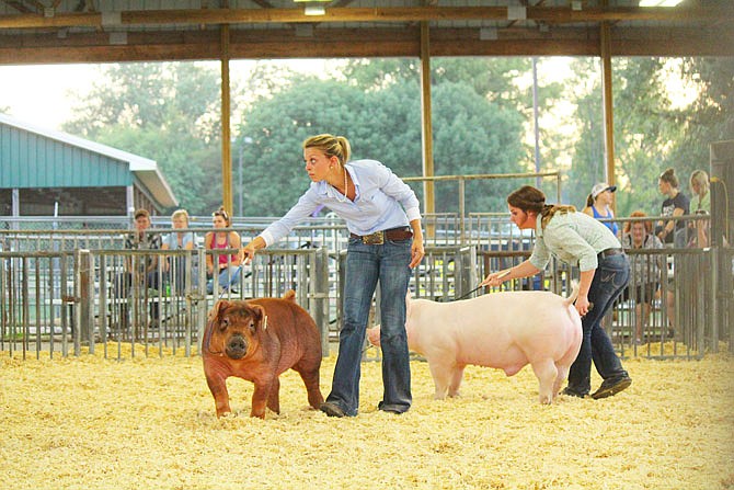 Emily Montgomery Gerke and Alyssa Reid show pigs together. Both women have shown together at the Missouri State Fair since they were 8-year-old girls, and this was their last year as they both are now 21.