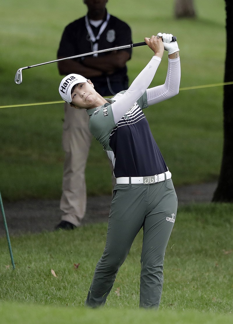 Sung Hyun Park, of South Korea, hits to the sixth green during the second round of the Indy Women in Tech Championship golf tournament, Friday, Aug. 17, 2018, Indianapolis. (AP Photo/Darron Cummings)
