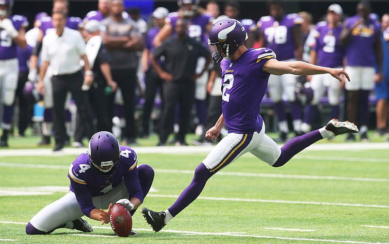 Minnesota Vikings kicker Kai Forbath (2) kicks a 44-yard field goal during the first half of an NFL preseason football game against the Jacksonville Jaguars, Saturday, Aug. 18, 2018, in Minneapolis. (AP Photo/Jim Mone)