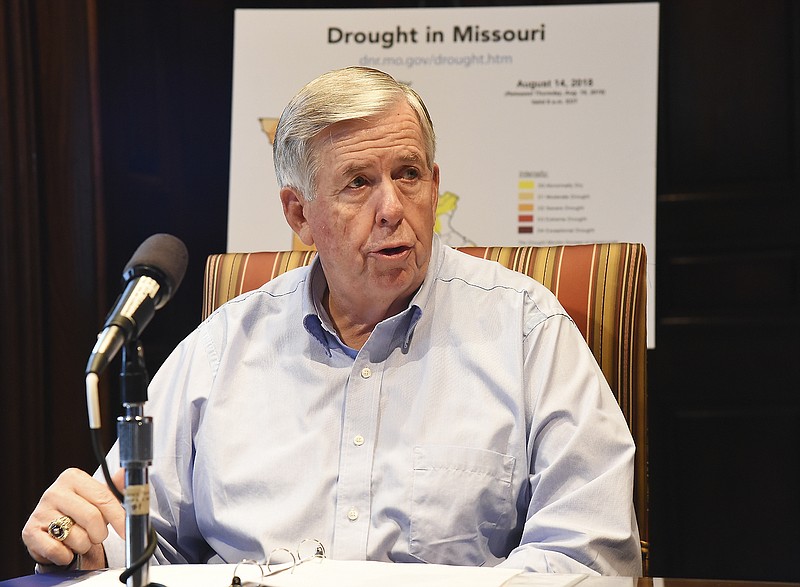 Gov. Mike Parson addresses members of the media Monday, Aug. 20, 2018, in his Missouri State Capitol office delivering update on drought conditions and the ways state agencies are offering assistance.  