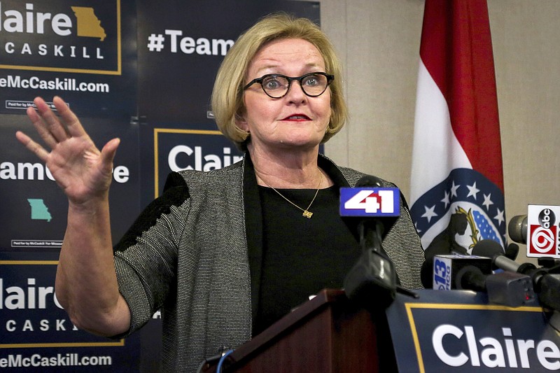 FILE - In this Aug. 7, 2018, file photo, U.S. Sen. Claire McCaskill speaks to a group of supporters at her Columbia Democratic Party headquarters in Columbia, Mo. Democrats hope a ballot proposal to hike Missouri's minimum wage will boost support for McCaskill's re-election, a seat Republicans are targeting as a top opportunity to insulate their Senate majority. (Hunter Dyke/Columbia Daily Tribune via AP, File)