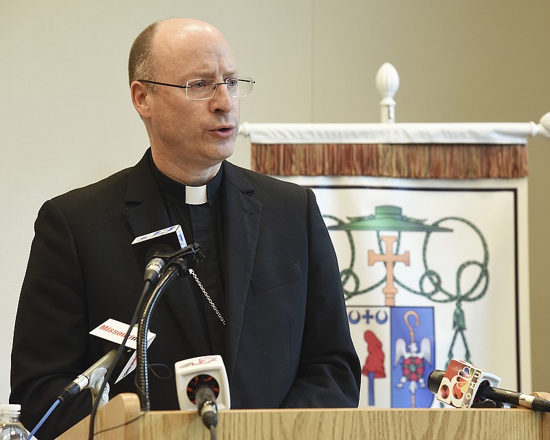 FILE: Bishop W. Shawn McKnight of the Catholic Diocese of Jefferson City addresses members of the media, chancery staff and area priests Friday, Aug. 24, 2018, to make a statement regarding clergy sexual abuse and his plans to bring transparency to the Catholic Church. 