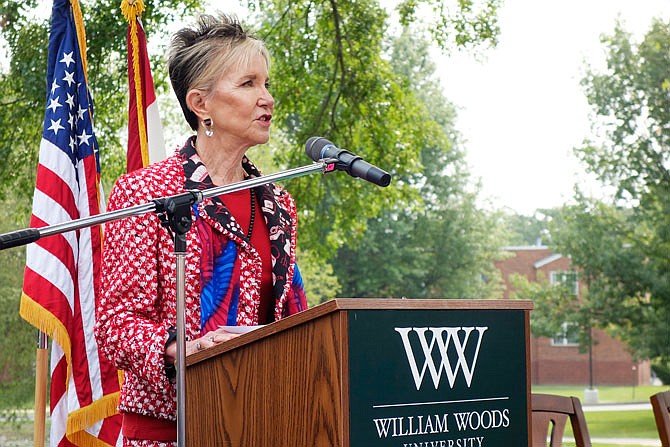 In this August 2018 photo, Dr. Jahnae H. Barnett speaks during a ceremony at William Woods University.