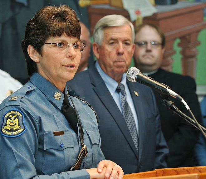 Col. Sandra Karsten, at left, superintendent of the Missouri State Highway Patrol, whose retirement from that agency was announced last week, was named the director of the Department of Public Safety during a morning news conference Monday in Gov. Mike Parson's Capitol office. 