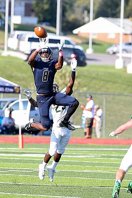Blake Tibbs of the Lincoln Blue Tigers leaps for a catch during a game against Missouri S&T last season at Dwight T. Reed Stadium.