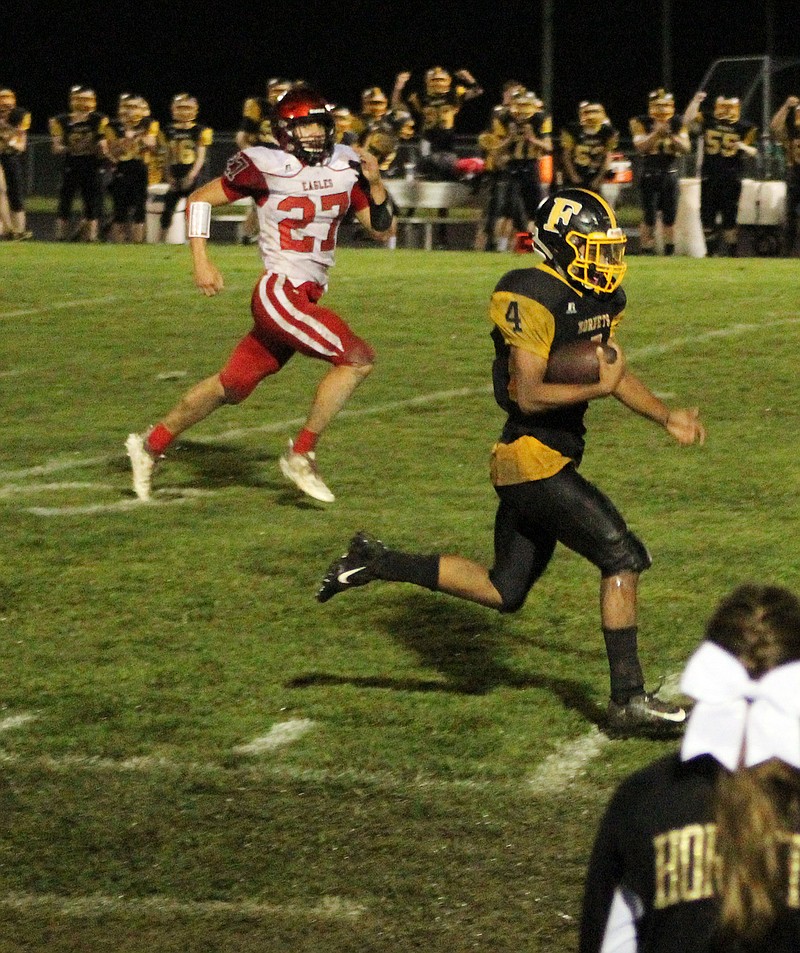 Senior running back Taeon Logan accounts for Fulton's only score on a 90-yard kickoff return for a touchdown in the third quarter of the Hornets' 54-7 loss to Southern Boone on Friday night at Robert E. Fisher Jr. Stadium.