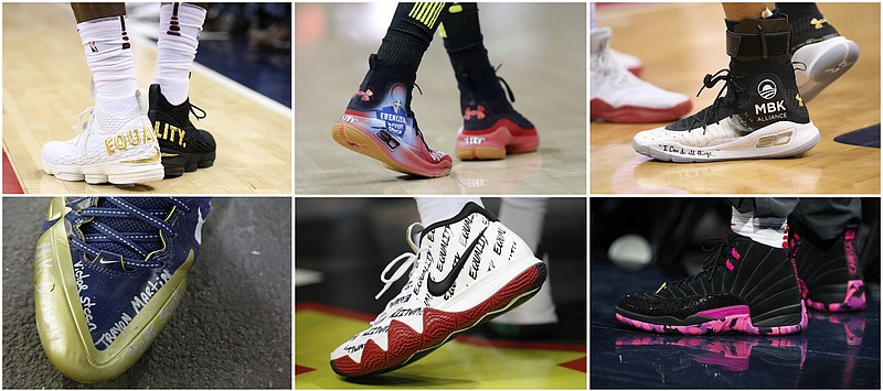 This Friday, Sept. 7, 2018, combo of file photos shows athletic shoes worn by professional athletes. After years of building billion-dollar brands around sports celebrities, shoe and apparel makers now find themselves flashpoints in the political, racial and cultural clashes surrounding the Trump administration and some athletes are increasingly using their shoes as a form of expression. (AP Photo)