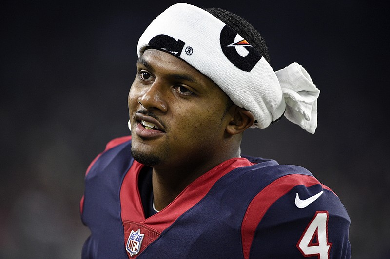 In this Aug. 30, 2018, file photo, Houston Texans quarterback Deshaun Watson (4) looks on from the sidelines during the first half of a preseason NFL football game against the Dallas Cowboys, in Houston. Watson isn't overthinking things as he prepares for his first start since season-ending knee injury last November on Sunday at New England. He shared what he believes will allow him to be successful this year. "Really just one thing," he said. "Be me. That's it." (AP Photo/Eric Christian Smith, File)