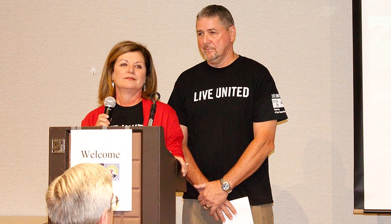 United Way of Greater Texarkana campaign co-chairpersons Robin and David Hickerson speak Thursday at the 2018/2019 fundraising campaign kickoff. They've set a goal of raising $900,000 for local nonprofit agency programs that help with health, education and financial 
security.
