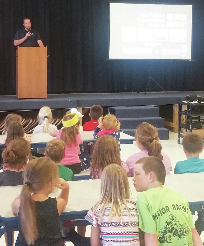 During the monthly assembly Friday, Sept. 7, 2018 at Williamsburg Elementary School, Tyler Oberlag, of the National Churchill Museum, delivered a program regarding the Special Relationship Project. 