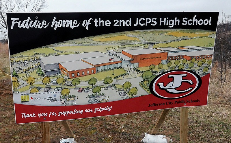 The site of Jefferson City Public Schools' second high school, Capital City High School, is touted on this sign along Mission Drive. (March 24, 2018 file photo)