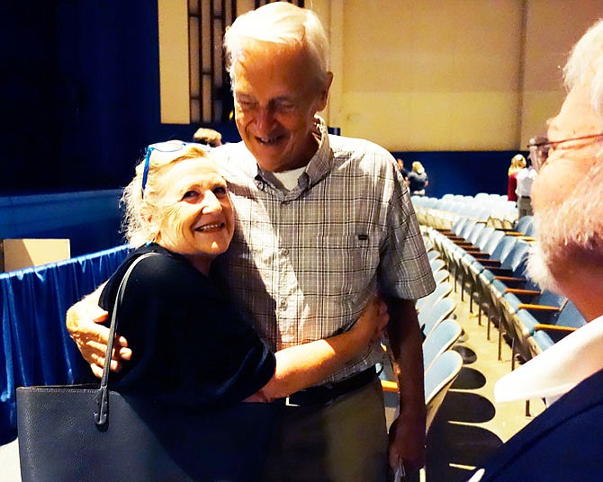 Dr. Barbara Kerr, a renowned psychologist from the University of Kansas, greets her former mentor and professor Joe Johnston, after her kick-off speech Tuesday at the 2018 Hancock Symposium at Westminster College. Johnston said he met Kerr at the University of Missouri when she was a student there.