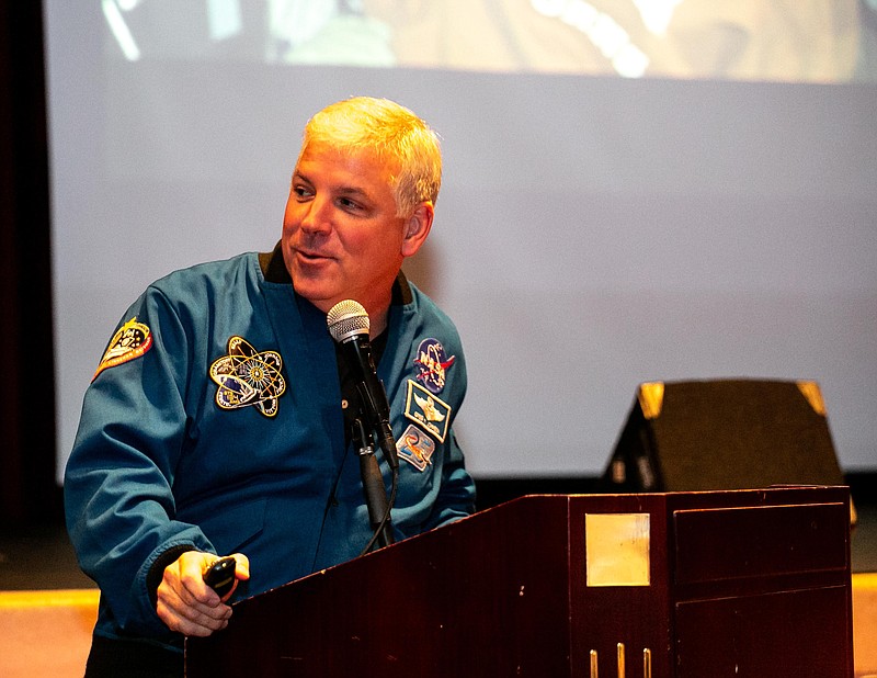  Astronaut Col. Greg Johnson speaks to students Tuesday at Pleasant Grove High School about STEM classes in Texarkana, Texas.