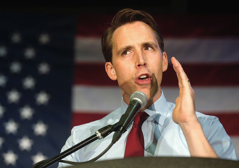 FILE - In this Aug. 7, 2018, file photo, Josh Hawley speaks after securing the Republican nomination for U.S. Senate in Missouri during the GOP watch party in Springfield, Mo. Hawley faces incumbent Democratic Sen. Claire McCaskill in the November election. The fate of a Missouri nail manufacturer, Mid Continent Nail Corporation, suffering under President Donald Trump's steel tariffs has put Hawley in a bind between his support for the president's trade strategy and the local plant that says it could close because of it. (Andrew Jansen/The Springfield News-Leader via AP, File)