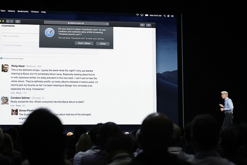 In this June 4, 2018, photo Craig Federighi, Apple's senior vice president of Software Engineering, speaks during an announcement of new products at the Apple Worldwide Developers Conference in San Jose, Calif.  Facebook and other companies routinely track your online surfing habits to better target ads at you. Two web browsers now want to help you fight back in what's becoming an escalating privacy arms race. New protections in Apple's Safari and Mozilla's Firefox browsers aim to prevent companies from turning "cookie" data files used to store sign-in details and preferences into broader trackers that take note of what you read, watch and research on other sites. (AP Photo/Marcio Jose Sanchez)