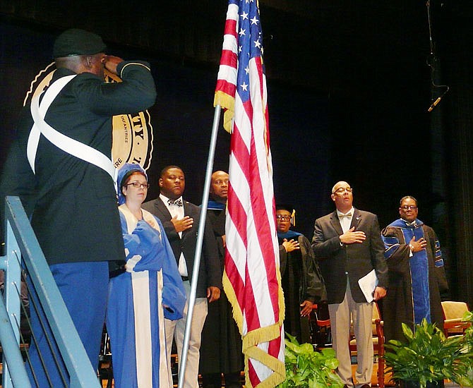 Members of Lincoln University's Blue Tiger Battalion ROTC present the colors at the opening of Thursday's annual convocation ceremony. LU President Jerald Jones Woolfolk spoke about doing more to keep students coming back to the school.