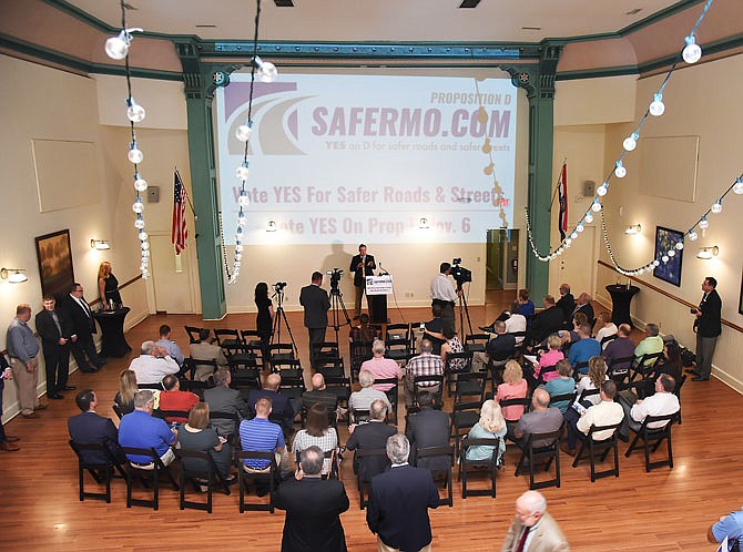 Lt. Gov. Mike Kehoe was one of several speakers to address the group gathered Thursday for the kickoff of a campaign by SAFERMO.com in support of Proposition D, which refers to the proposed 10-cents-a-gallon fuels tax. The tax would be phased in over four years.