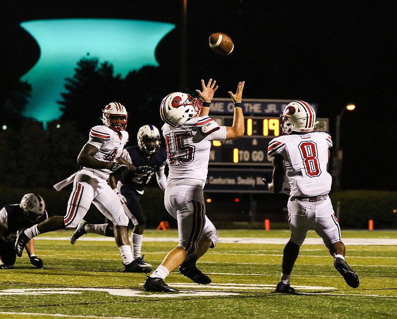 Jason Strickland/News Tribune
Jays linebacker Bryant Gipe intercepts a pass during Friday night’s game against St. Louis University High in St. Louis.