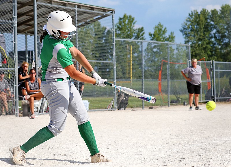 Kathleen Groner of Blair Oaks smacks an RBI single Sept. 15, 2018, during the seventh inning of a game against Centralia in the Capital City Invitational at 63 Diamonds, north of Jefferson City.