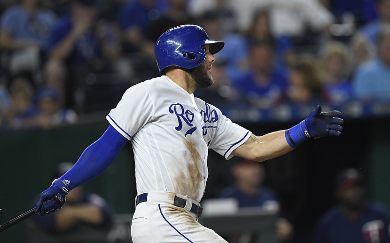 Kansas City Royals' Alex Gordon hits a two-run double against the Minnesota Twins during the sixth inning of a baseball game in Kansas City, Mo., Saturday, Sept. 15, 2018. (AP Photo/Reed Hoffmann)