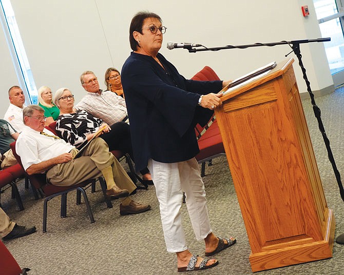 Gracia Backer, representing the Callaway 200 committee, addresses Fulton City Council members this week.