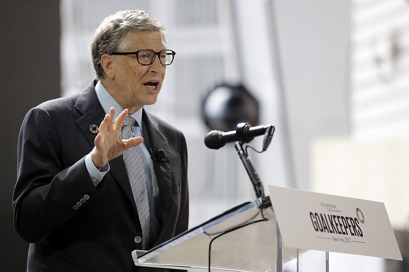 File - In this Sept. 20, 2017, file photo, Bill Gates speaks during the Goalkeepers Conference in New York. Gates is rallying behind school quality in developing nations with a push for more assessment data, a new initiative that links the Microsoft co-founder's signature U.S. education priorities with his more prominent global philanthropy work. The Bill and Melinda Gates Foundation as the world's largest philanthropy issued its latest "Goalkeepers" report on Tuesday, Sept. 18, 2018, urging for more comparable student assessment data worldwide and getting girls through their schooling. (AP Photo/Julio Cortez, File)