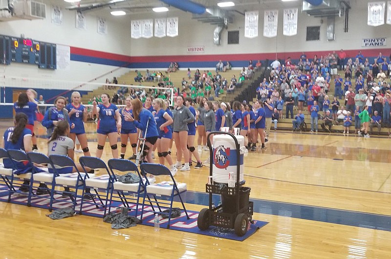 Starting lineup introductions are made Sept. 13, 2018, in advance of the volleyball match between the Pintos and Blair Oaks in California. The Falcons won 25-18, 25-23.