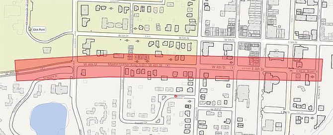 This portion of Fourth Street undergoing road work is depicted. Because weather is not the ideal temperature of 50 degrees Fahreinheit, the completion of the project will be pushed back into spring 2019.