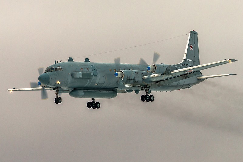 In this photo taken on Saturday, March 4, 2017, a Il-20 electronic intelligence plane of the Russian air force flays near Kubinka airport, outside Moscow, Russia. An Il-20 aircraft was shot down Tuesday, Sept. 18, 2018 by a Syrian missile over the Mediterranean Sea, killing all 15 people on board, as the Syrian military fired on Israeli fighter jets attacking targets in northwestern Syria. (AP Photo/Marina Lystseva)
