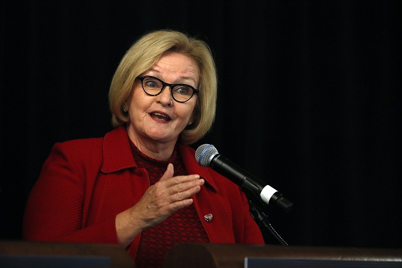 FILE - In this Sept. 14, 2018, file photo, incumbent Democratic Sen. Claire McCaskill of Missouri speaks during a candidate forum at the annual Missouri Press Association convention in Maryland Heights, Mo. A Republican political action committee launched a television ad on McCaskill's immigration vote that is misleading. (AP Photo/Jeff Roberson, File)