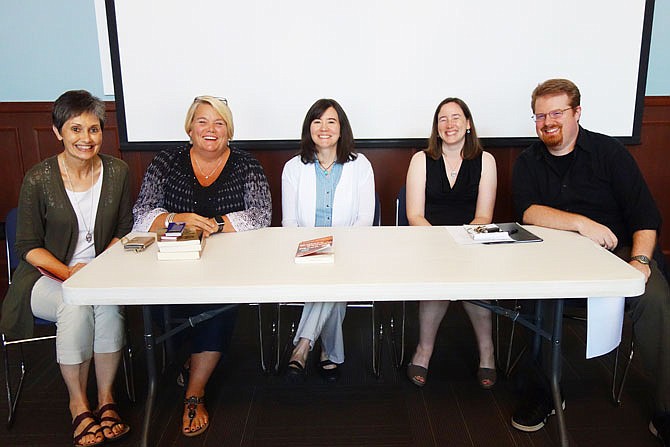 A group of Westminster College professors and assistant professors had a panel discussion on parallels between David Grann's "Killers of the Flower Moon" and the works of other authors. Pictured are Carolyn Perry, left, moderator Theresa Adams, Barri Bumgarner, Heidi LaVine and Nate Leonard.