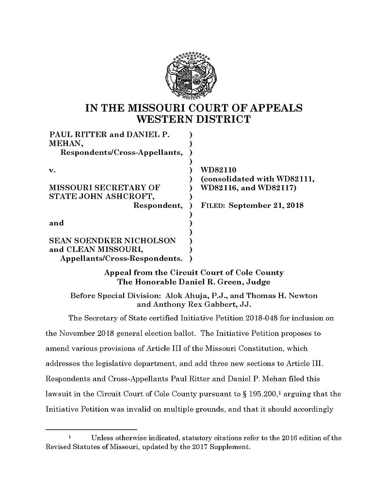 In a 34-page ruling issued Sept. 21, 2018, the appeals court in Kansas City reversed Cole County Circuit Judge Dan Green's Sept. 14 decision blocking the proposed "Clean Missouri" amendment from appearing on the Nov. 6, 2018, ballot.