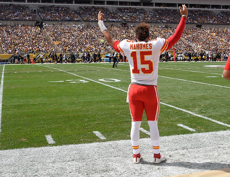 Chiefs quarterback Patrick Mahomes gestures on the sideline during last Sunday's game against the Steelers in Pittsburgh.