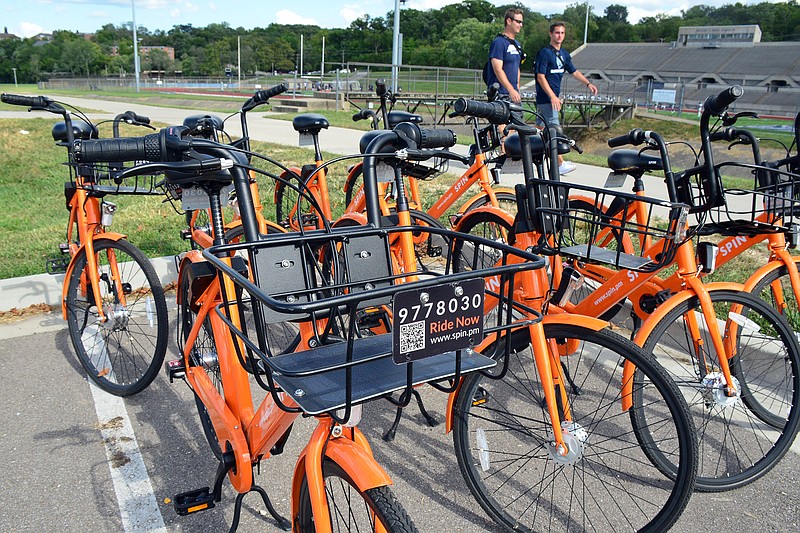 Spin Bicycles are seen in September 2018 parked on Lincoln University's campus.