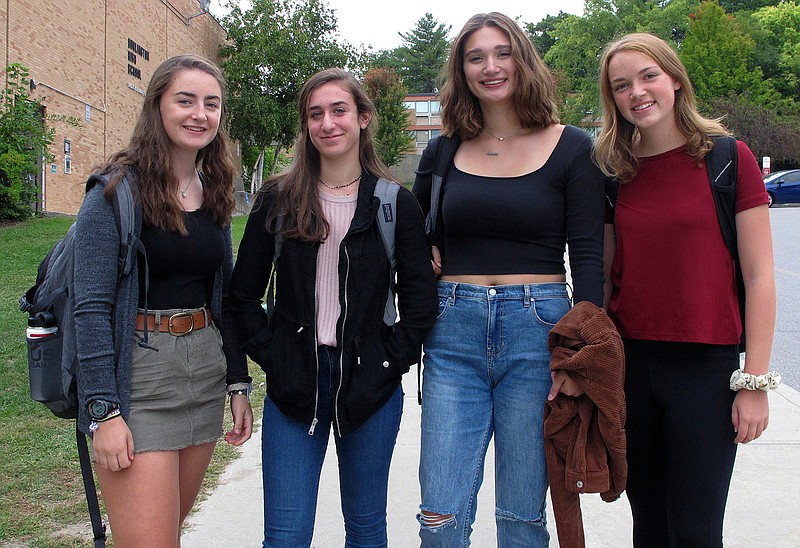 BHS Register editors, from left, Julia Shannon-Grillo, Halle Newman, Nataleigh Noble and Jenna Peterson stand outside the Burlington High School in Burlington, Vt. The students stood up to censorship in their student newspaper and won.