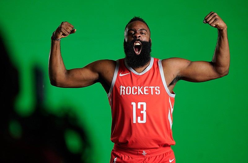 Houston Rockets' James Harden yells for the camera during media day Monday in Houston.