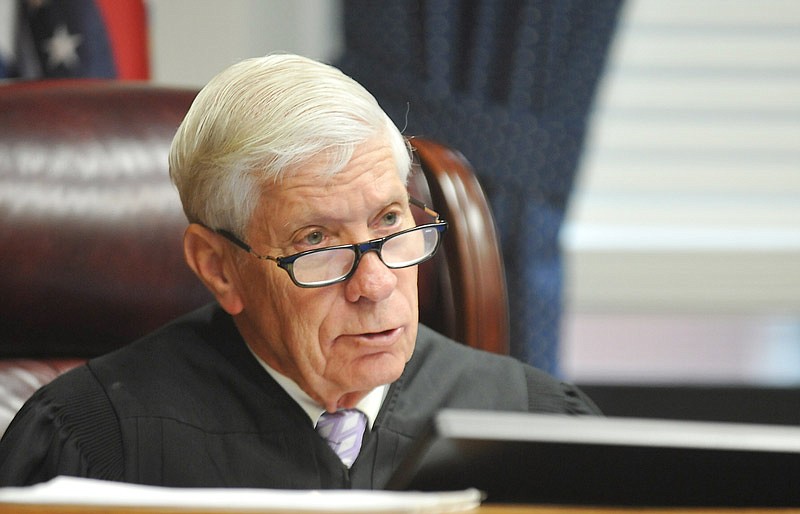 Judge Richard Callahan asks a question as attorneys representing their respective sides in the case of Missouri's voter photo ID law present arguments Monday, Sept. 24, 2018, in a Cole County courtroom. 