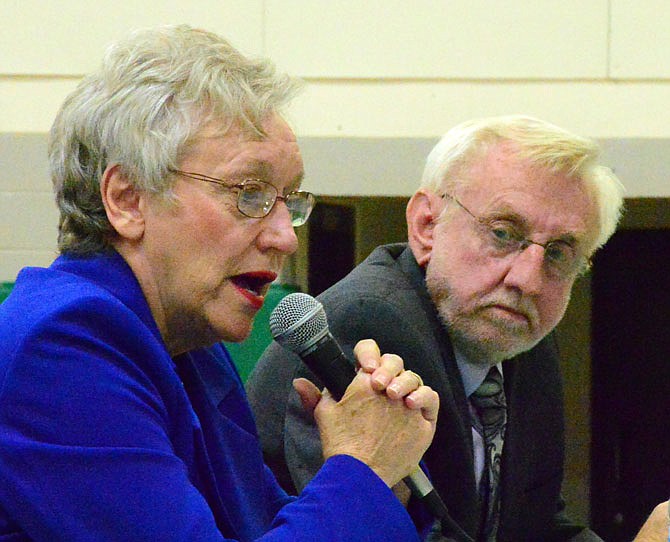 Missouri House of Representatives District 59 candidates Linda Greeson, left, and Rudy Veit square off during Tuesday's candidate forum sponsored by the News Tribune at Blair Oaks Middle School.