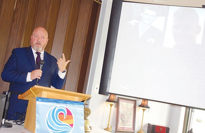 Westminster history professor Mark Boulton talks Wednesday about the Westminster Seven soldiers to members of the Fulton Rotary Club.