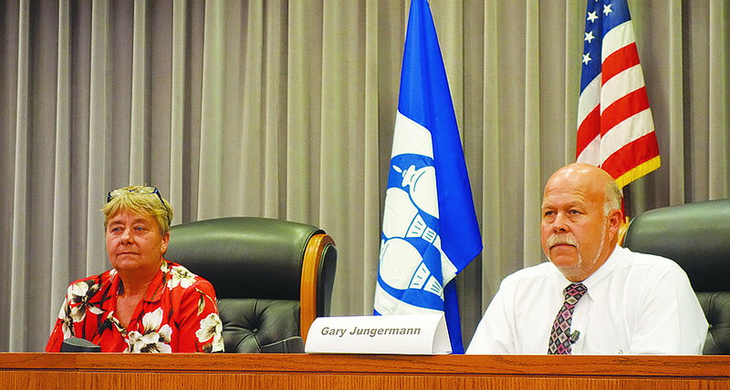 Callaway County Commission candidates Susie Ferguson (D) and Gary Jungermann (R) are seen at a debate Thursday.