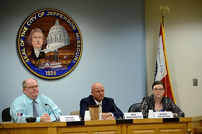 From left, Missouri Senate District 6 candidates Steven Wilson, Libertarian, Mike Bernskoetter, Republican, and Nicole Thompson, Democrat, attend Tuesday's forum at City Hall.