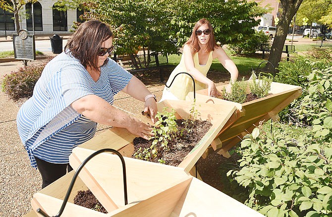 Ashley Varner, background, and Natalie Newville put extra dirt in and attach laminated name tags to wooden planters located just outside the Missouri River Regional Library. Varner, who's the Healthy Communities coordinator and Wellness Navigator has collaborated with Capital Region's Healthy Schools, MRRL and the Root Cellar to demonstrate how to grow herbs. This is done in hopes of inspiring people to grow their own food in an effort to slow the rate of obesity, which can cause an increased risk of many chronic diseases. Newville is the marketing manager at MRRL and jumped at the opportunity to be a part of this educational effort. 