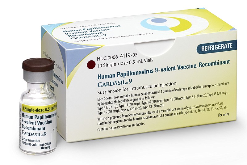 This undated image provided by Merck on Friday, Oct. 5, 2018 shows a vial and packaging for the Gardasil 9 vaccine. On Friday, Oct. 5, 2018, the U.S. Food and Drug Administration expanded the use of the company's cervical cancer vaccine to adults up to age 45. (Merck via AP)