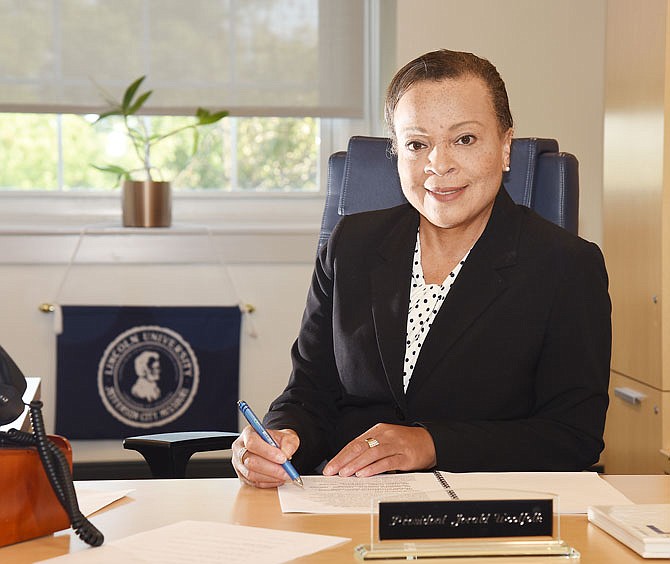 Jerald Jones Woolfolk is seated in her president of Lincoln University office for an interview. Woolfolk was inaugurated Friday, Oct. 6, 2018, as the 20th president of Lincoln University in a ceremony at Mitchell Auditorium.