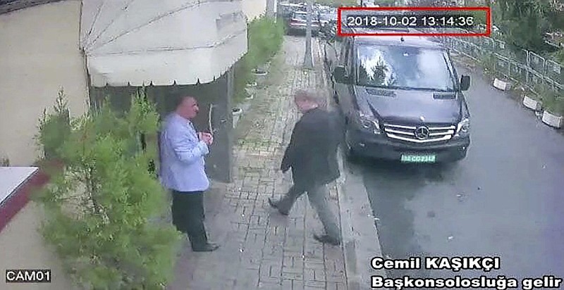 This image taken from CCTV video obtained by the Turkish newspaper Hurriyet and made available on Tuesday, Oct. 9, 2018 claims to show Saudi journalist Jamal Khashoggi entering the Saudi consulate in Istanbul, Tuesday, Oct. 2, 2018. Turkey said Tuesday it will search the Saudi Consulate in Istanbul as part of an investigation into the disappearance of a missing Saudi contributor to The Washington Post, a week after he vanished during a visit there. (CCTV/Hurriyet via AP)