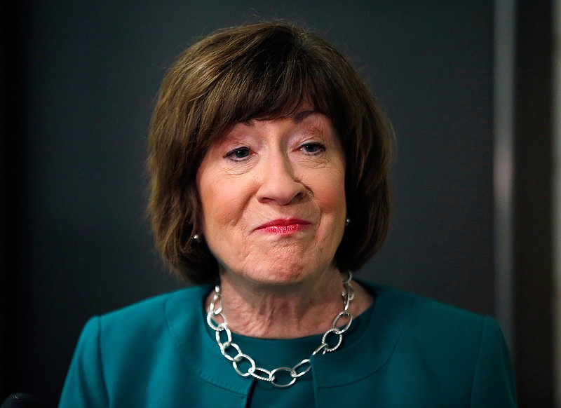 In this Sept. 21, 2018 photo, Sen. Susan Collins, R-Maine, speaks to news media at Saint Anselm College, in Manchester, N.H. Collins is not on the ballot this fall, yet the fight over Susan Collins' political future is already raging. Interest in the Maine Republican senator's 2020 re-election has exploded in the days since she cast the deciding vote to confirm President Donald Trump's Supreme Court pick. (AP Photo/Elise Amendola)