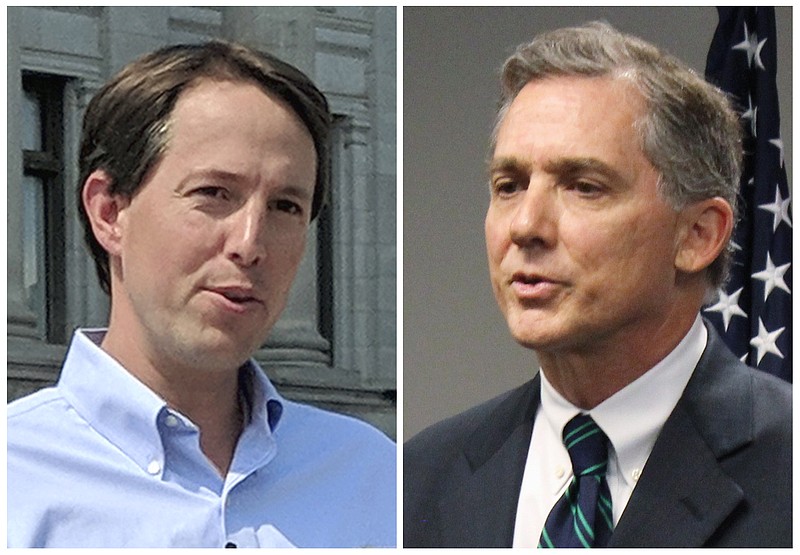 This combination of 2018 file photos shows Arkansas Congressional candidates, Democrat Clarke Tucker, left, and Republican U.S. Rep. French Hill. Tucker and Hill face off Monday, Oct. 8, 2018, in their only debate in the race for a central Arkansas seat that includes Little Rock. (AP Photos/File)
