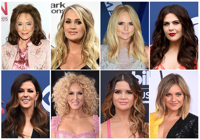 This combination photo shows country music artists, top row from left, Loretta Lynn, Carrie Underwood, Miranda Lambert, Hillary Scott, bottom row from left, Karen Fairchild, Kimberly Schlapman, Maren Morris and Kelsea Ballerini, who will be honored at CMT's annual Artists of the Year show on Oct. 17 in Nashville, Tenn. It is the first year that CMT is honoring all female artists. (AP Photo)