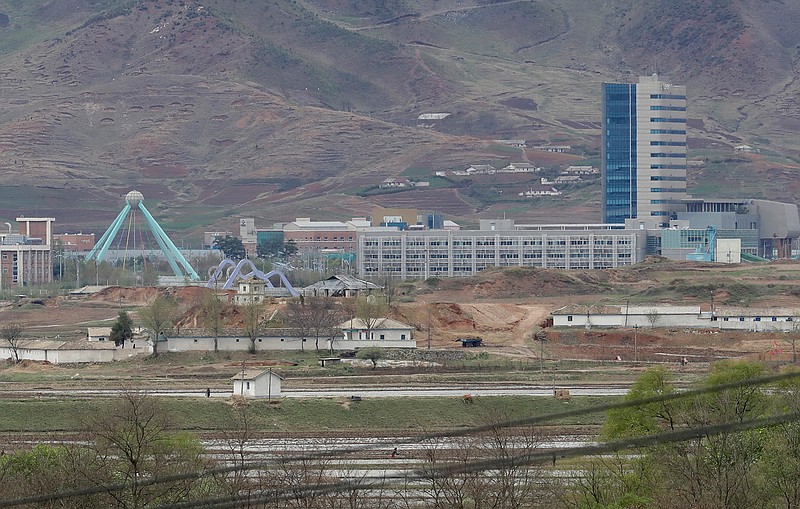  In this April 24, 2018, file photo, the Kaesong industrial complex in North Korea is seen from the Taesungdong freedom village inside the demilitarized zone during a press tour in Paju, South Korea. South Korea's Unification Ministry on Wednesday, Oct. 10, 2018, said the water is being supplied to a liaison office between the countries that opened in Kaesong in September 2018 and has been provided to the town's residents as well. (AP Photo/Lee Jin-man, File)